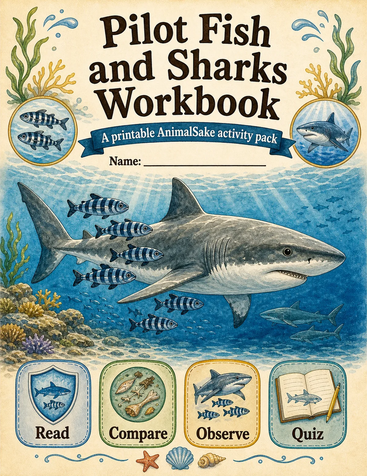 Pilot Fish and Sharks printable workbook cover for kids