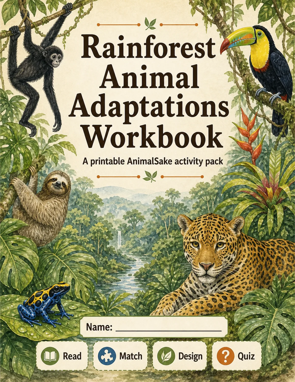 Rainforest Animal Adaptations printable workbook cover for kids