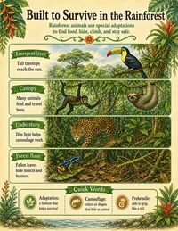 Rainforest layers and adaptations infographic