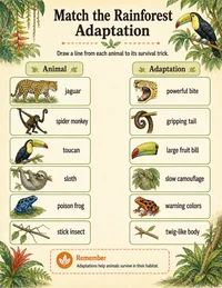 Rainforest animal adaptation matching worksheet
