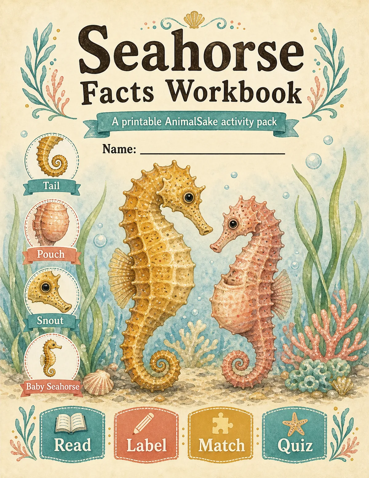 Seahorse Facts printable workbook cover for kids