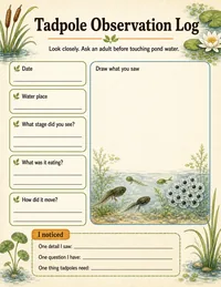 Tadpole observation log worksheet
