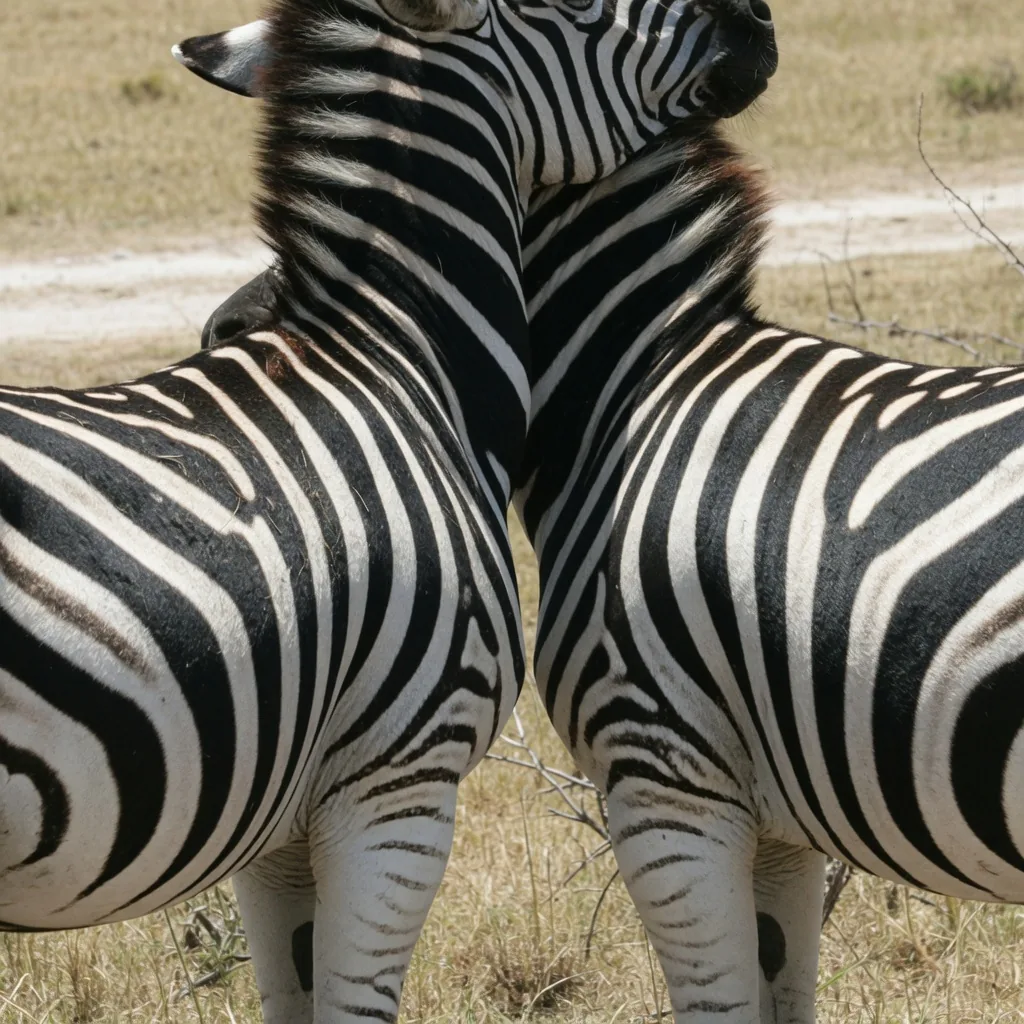Two zebras standing side by side, their stripes blending together to make individuals hard to pick out