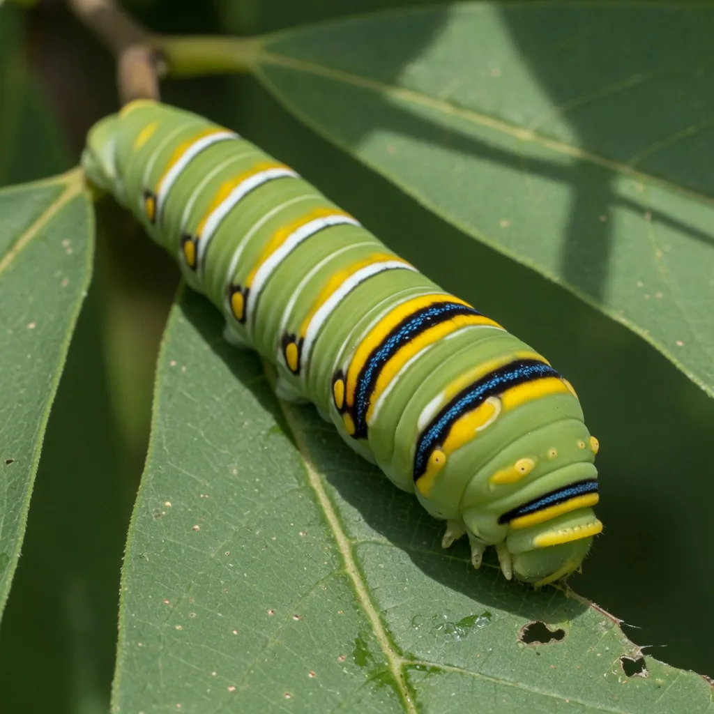Zebra swallowtail caterpillar on a pawpaw leaf, showing green body with white and yellow stripes and colorful thorax band