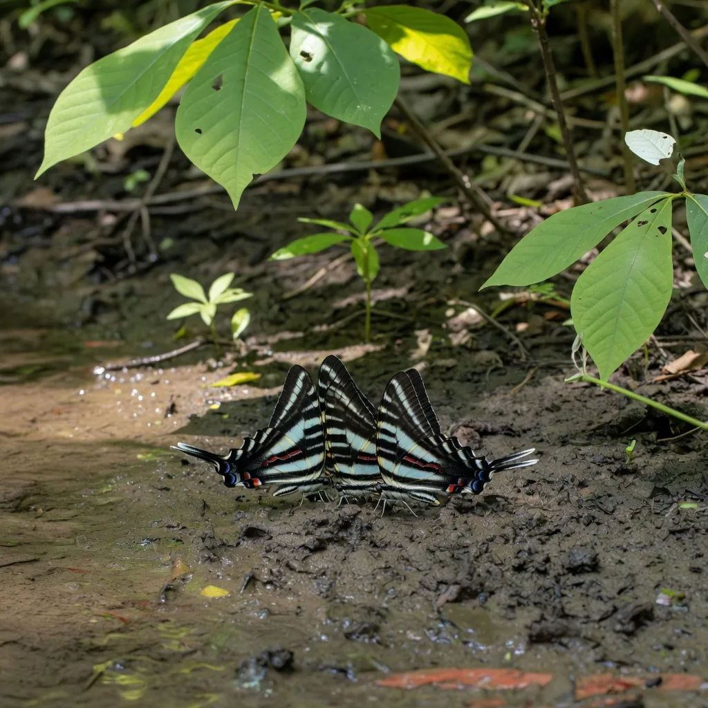 Male zebra swallowtail butterflies puddling on moist creek bank, wings slightly open